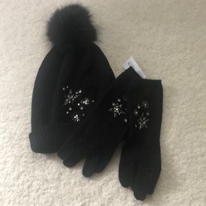 Embellished black Pom winter hat and gloves set
